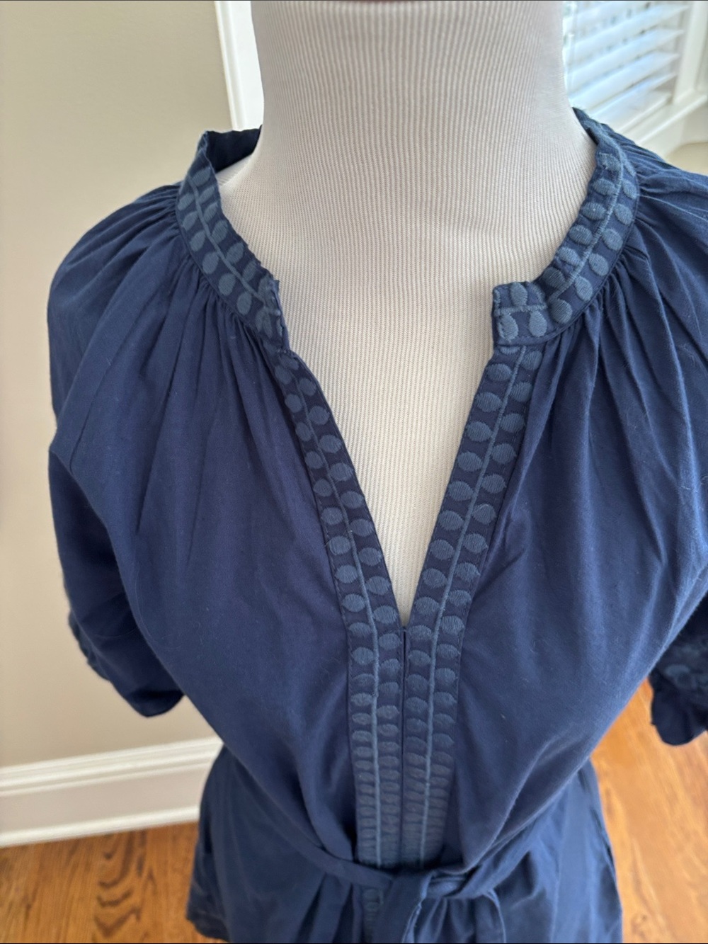 Navy Embroidered Midi Dress with Belt - Picture 3 of 8